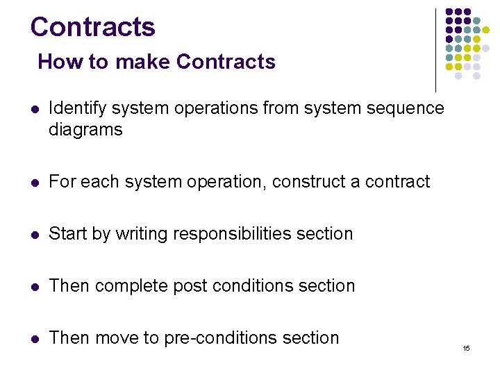 Contracts How to make Contracts l Identify system operations from system sequence diagrams l