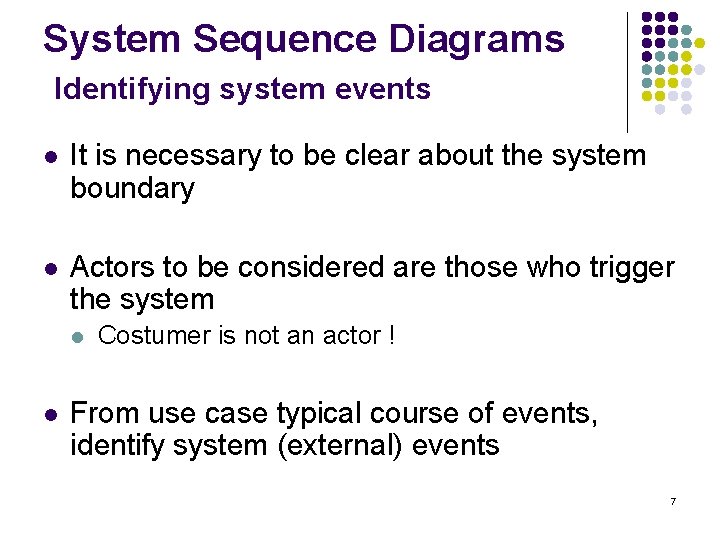 System Sequence Diagrams Identifying system events l It is necessary to be clear about