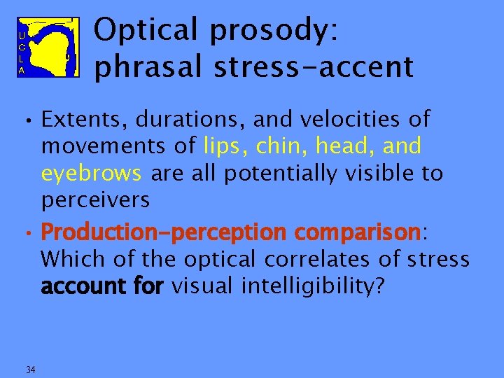 Optical prosody: phrasal stress-accent • Extents, durations, and velocities of movements of lips, chin,