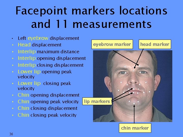 Facepoint markers locations and 11 measurements • Left eyebrow displacement eyebrow marker • Head