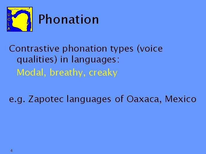 Phonation Contrastive phonation types (voice qualities) in languages: Modal, breathy, creaky e. g. Zapotec