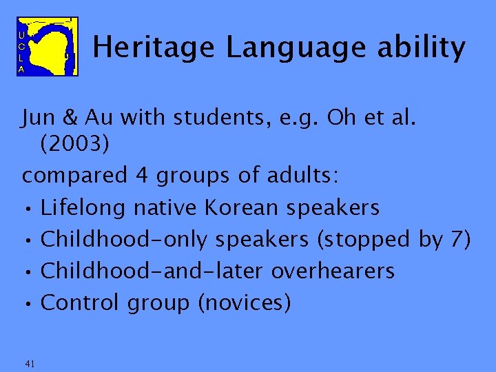 Heritage Language ability Jun & Au with students, e. g. Oh et al. (2003)