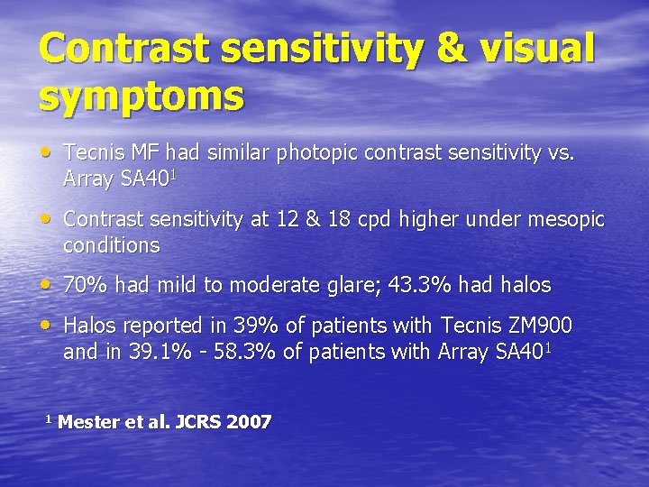 Contrast sensitivity & visual symptoms • Tecnis MF had similar photopic contrast sensitivity vs.