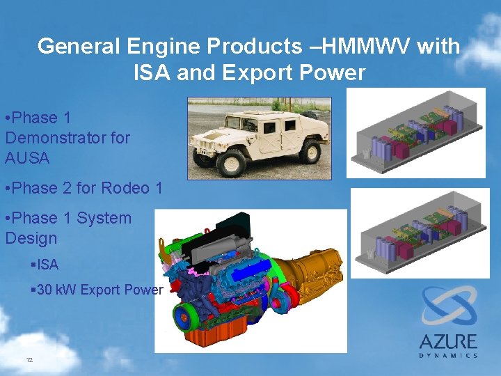 General Engine Products –HMMWV with ISA and Export Power • Phase 1 Demonstrator for