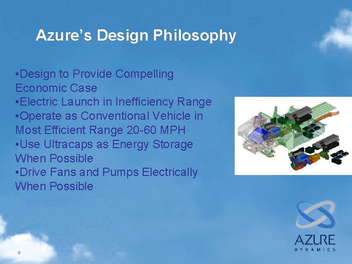 Azure’s Design Philosophy • Design to Provide Compelling Economic Case • Electric Launch in