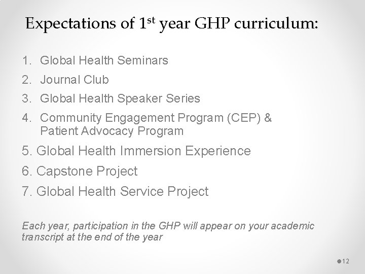 Expectations of 1 st year GHP curriculum: 1. Global Health Seminars 2. Journal Club