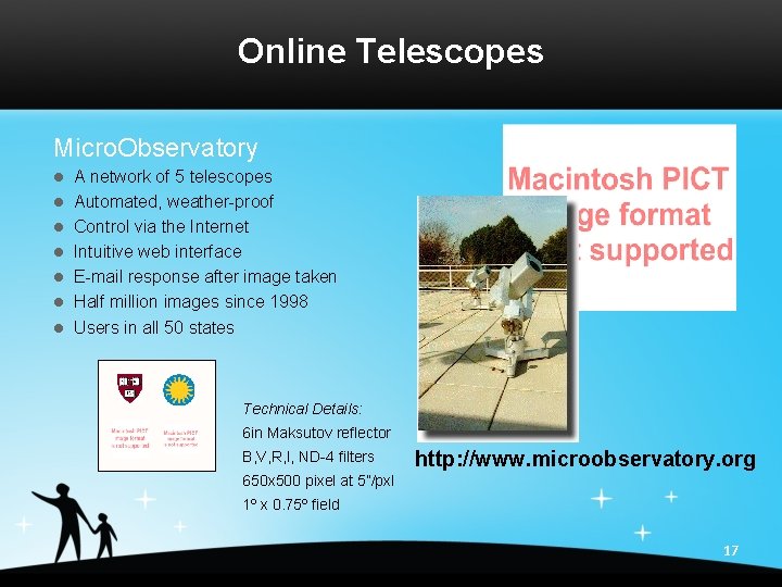 Online Telescopes Micro. Observatory l l l l A network of 5 telescopes Automated,