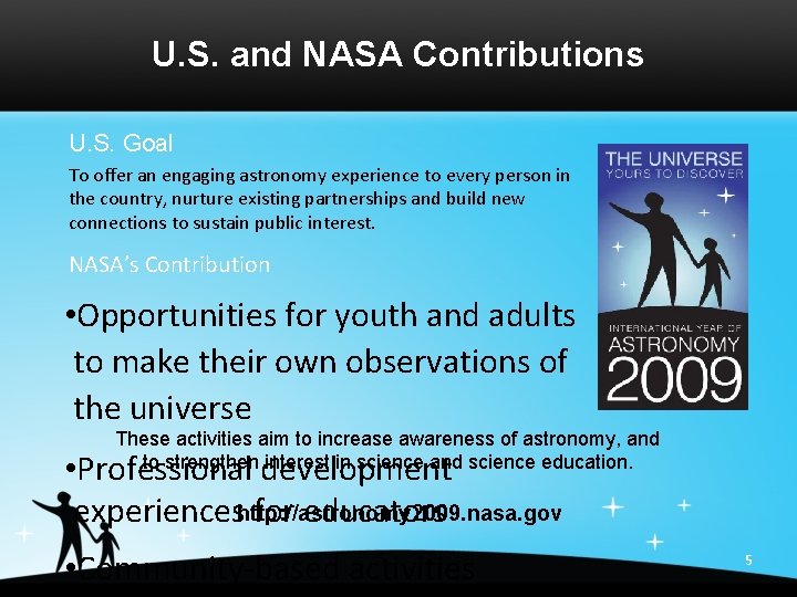 U. S. and NASA Contributions U. S. Goal To offer an engaging astronomy experience