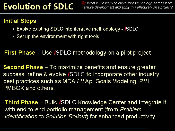 Evolution of SDLC Q: What is the learning curve for a technology team to