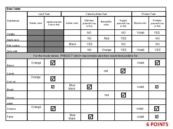 Data Table Lipid Test Substance Gelatin Apple juice Ritz cracker Skim milk Carbohydrate Test