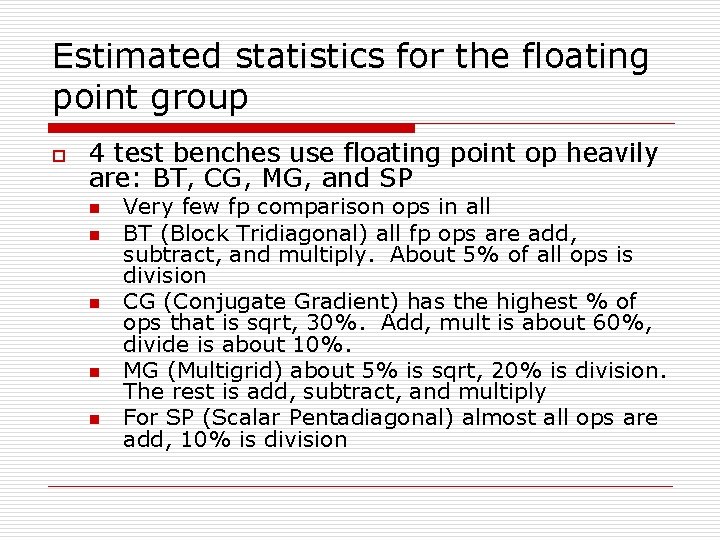 Estimated statistics for the floating point group o 4 test benches use floating point