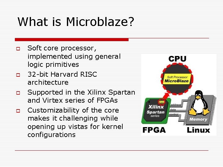 What is Microblaze? o o Soft core processor, implemented using general logic primitives 32