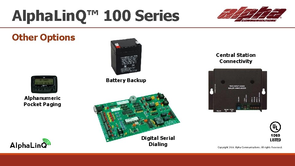 Alpha. Lin. Q™ 100 Series Other Options Central Station Connectivity Battery Backup Alphanumeric Pocket
