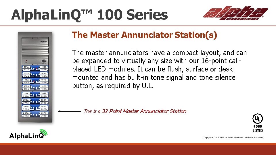 Alpha. Lin. Q™ 100 Series The Master Annunciator Station(s) The master annunciators have a