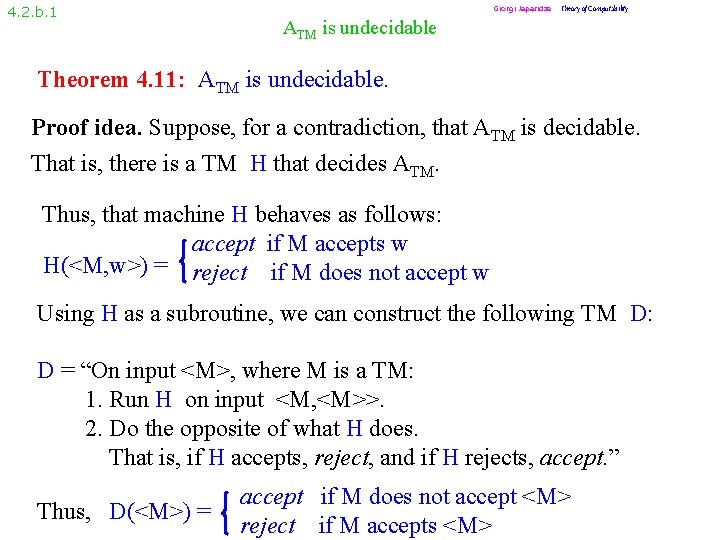 4. 2. b. 1 Giorgi Japaridze Theory of Computability ATM is undecidable Theorem 4.