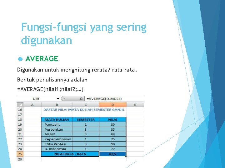 Fungsi-fungsi yang sering digunakan AVERAGE Digunakan untuk menghitung rerata/ rata-rata. Bentuk penulisannya adalah =AVERAGE(nilai