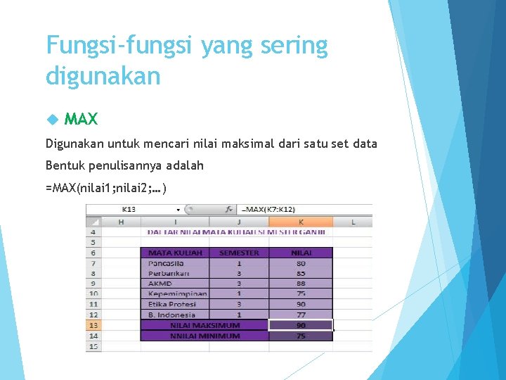 Fungsi-fungsi yang sering digunakan MAX Digunakan untuk mencari nilai maksimal dari satu set data