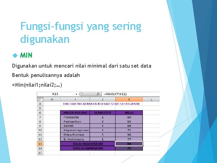 Fungsi-fungsi yang sering digunakan MIN Digunakan untuk mencari nilai minimal dari satu set data