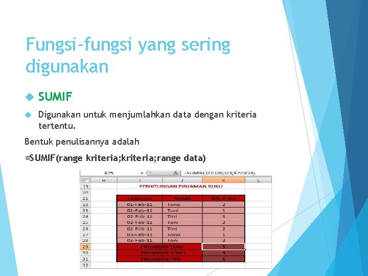 Fungsi-fungsi yang sering digunakan SUMIF Digunakan untuk menjumlahkan data dengan kriteria tertentu. Bentuk penulisannya