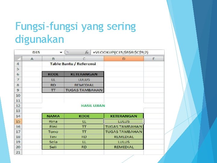 Fungsi-fungsi yang sering digunakan VLOOKUP Digunakan untuk mengisi data berdasarkan data pada tabel lain
