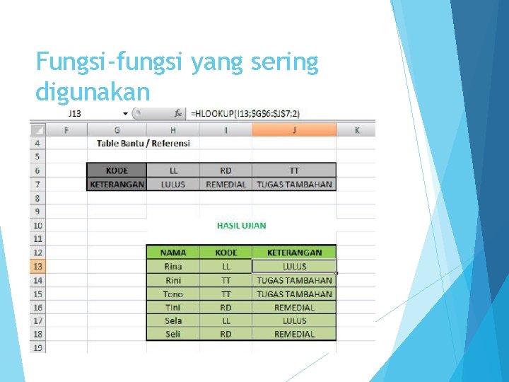 Fungsi-fungsi yang sering digunakan HLOOKUP Digunakan untuk mengisi data berdasarkan data pada tabel lain