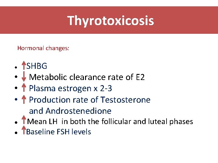 Thyrotoxicosis Hormonal changes: SHBG • Metabolic clearance rate of E 2 • Plasma estrogen