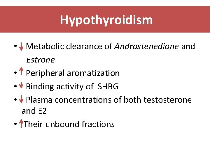 Hypothyroidism • Metabolic clearance of Androstenedione and Estrone • Peripheral aromatization • Binding activity