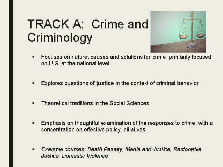 TRACK A: Crime and Criminology § Focuses on nature, causes and solutions for crime,