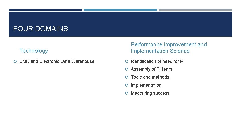 FOUR DOMAINS Technology EMR and Electronic Data Warehouse Performance Improvement and Implementation Science Identification