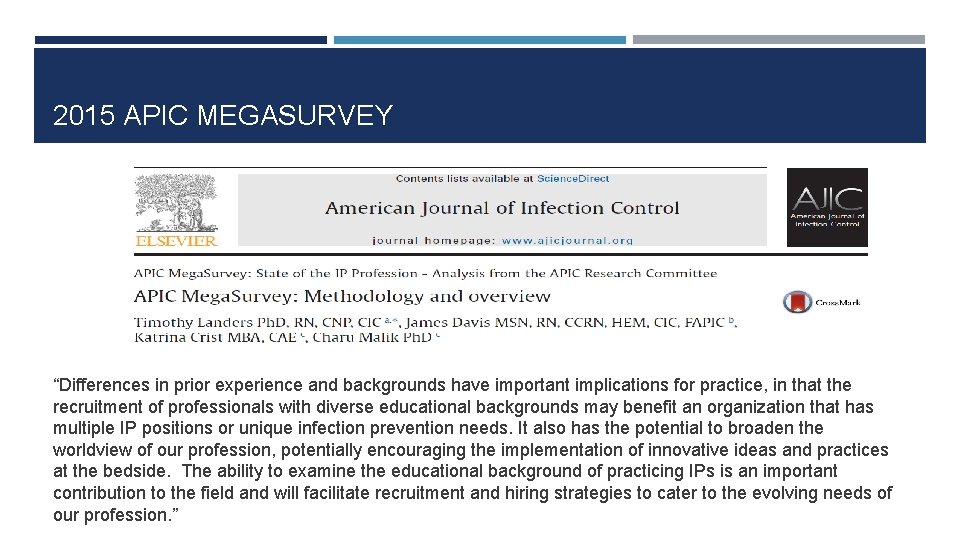 2015 APIC MEGASURVEY “Differences in prior experience and backgrounds have important implications for practice,