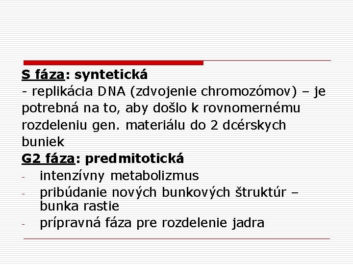 S fáza: syntetická - replikácia DNA (zdvojenie chromozómov) – je potrebná na to, aby