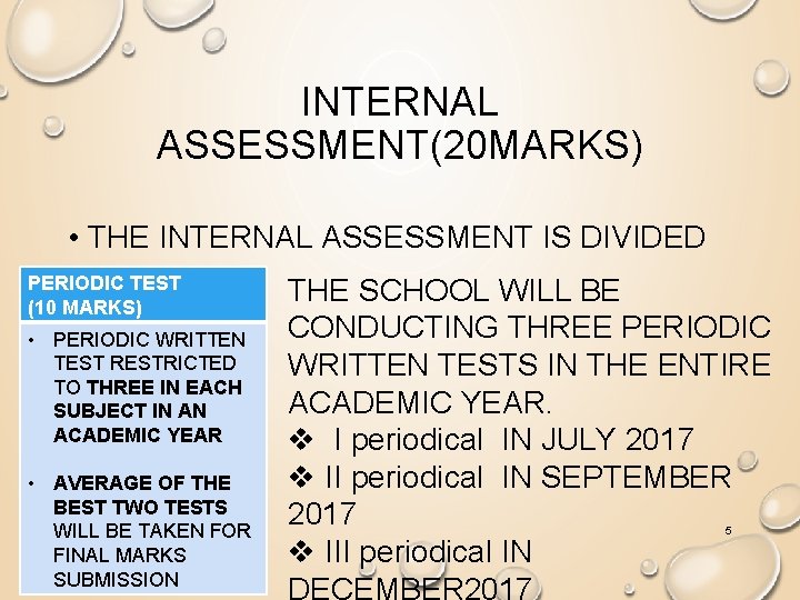 INTERNAL ASSESSMENT(20 MARKS) • THE INTERNAL ASSESSMENT IS DIVIDED PERIODIC TEST INTO THE SCHOOL
