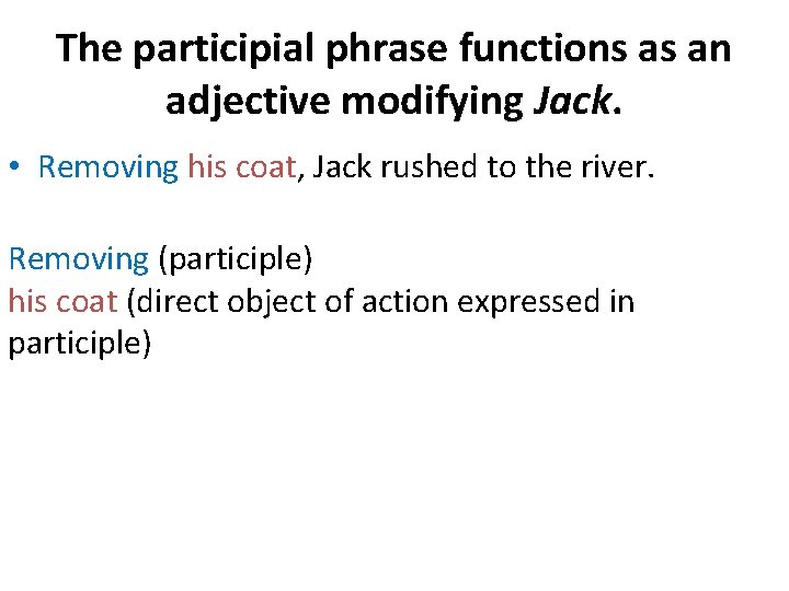 The participial phrase functions as an adjective modifying Jack. • Removing his coat, Jack