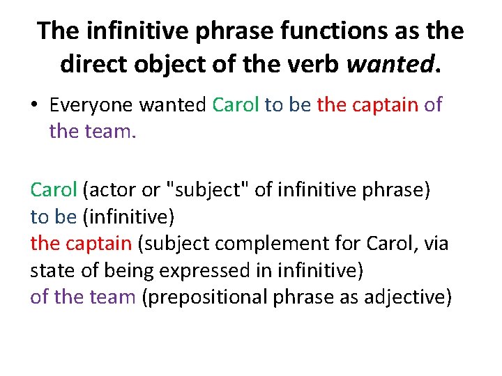 The infinitive phrase functions as the direct object of the verb wanted. • Everyone