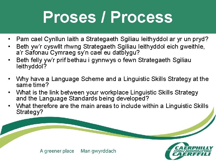 Proses / Process • Pam cael Cynllun Iaith a Strategaeth Sgiliau Ieithyddol ar yr