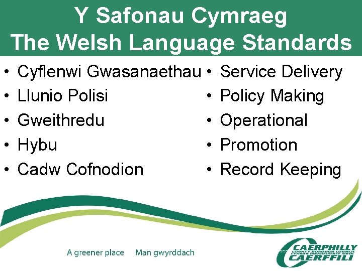 Y Safonau Cymraeg The Welsh Language Standards • • • Cyflenwi Gwasanaethau • Llunio