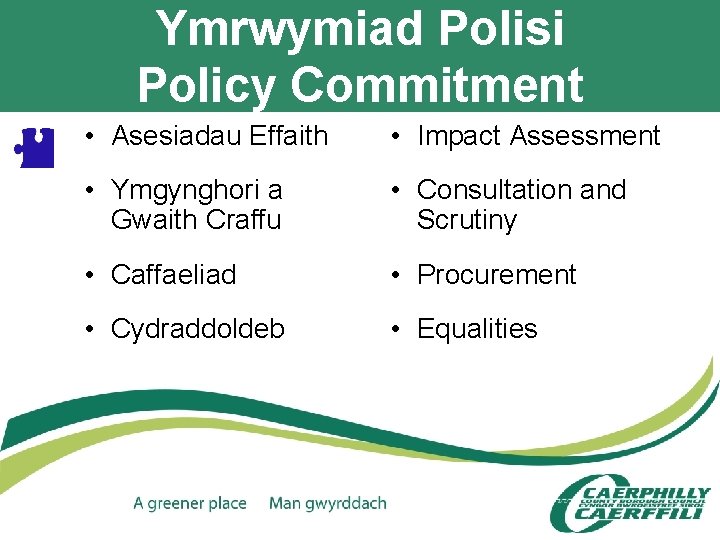 Ymrwymiad Polisi Policy Commitment • Asesiadau Effaith • Impact Assessment • Ymgynghori a Gwaith