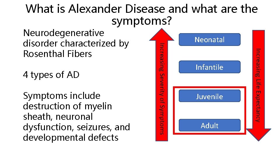 What is Alexander Disease and what are the symptoms? Symptoms include destruction of myelin