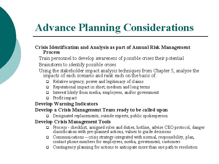 Advance Planning Considerations Crisis Identification and Analysis as part of Annual Risk Management Process