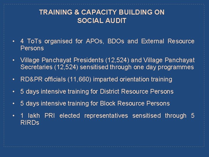 TRAINING & CAPACITY BUILDING ON SOCIAL AUDIT • 4 To. Ts organised for APOs,