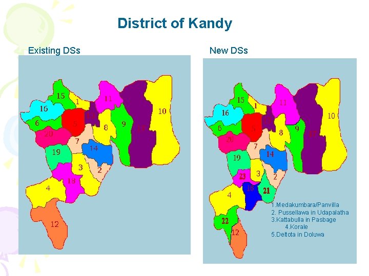 District of Kandy Existing DSs New DSs 1. Medakumbara/Panvilla 2. Pussellawa in Udapalatha 3.