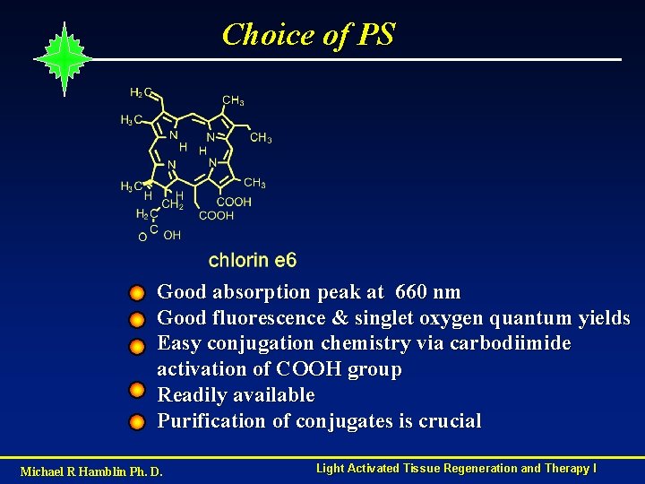 Choice of PS Good absorption peak at 660 nm Good fluorescence & singlet oxygen