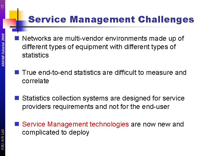 15 KNOM Tutorial 2000 Service Management Challenges n Networks are multi-vendor environments made up