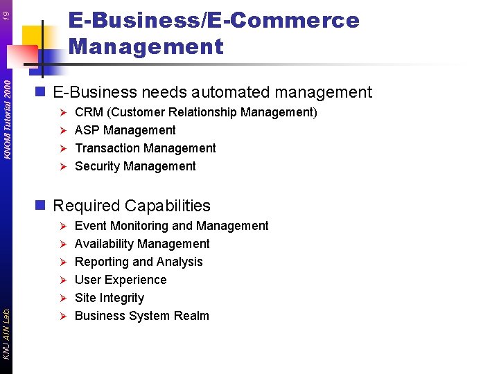 KNOM Tutorial 2000 19 E-Business/E-Commerce Management n E-Business needs automated management CRM (Customer Relationship