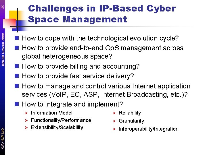 KNOM Tutorial 2000 20 Challenges in IP-Based Cyber Space Management n How to cope