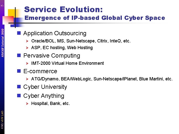 5 Service Evolution: KNOM Tutorial 2000 Emergence of IP-based Global Cyber Space n Application