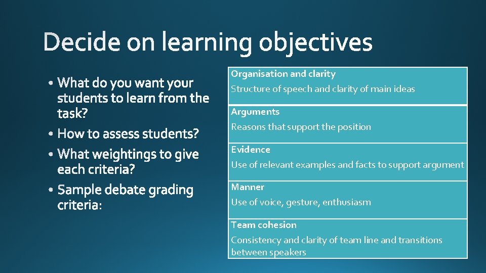 Organisation and clarity Structure of speech and clarity of main ideas Arguments Reasons that