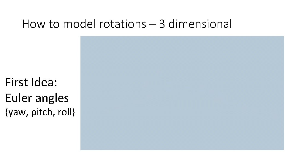 How to model rotations – 3 dimensional First Idea: Euler angles (yaw, pitch, roll)