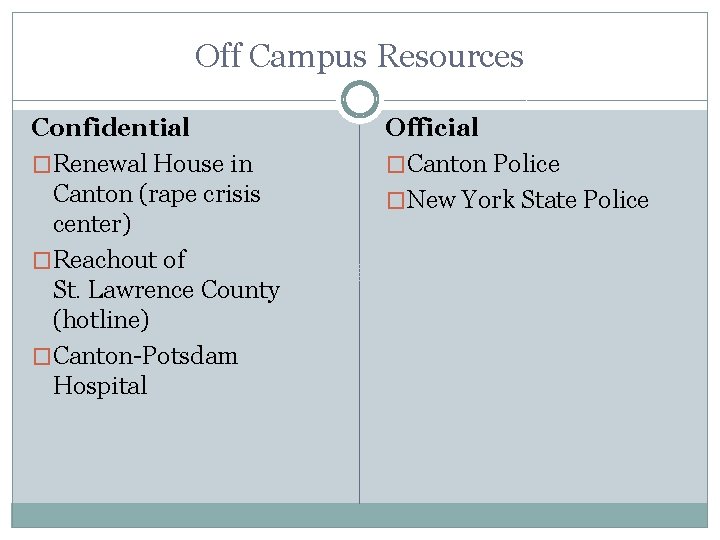 Off Campus Resources Confidential �Renewal House in Canton (rape crisis center) �Reachout of St.