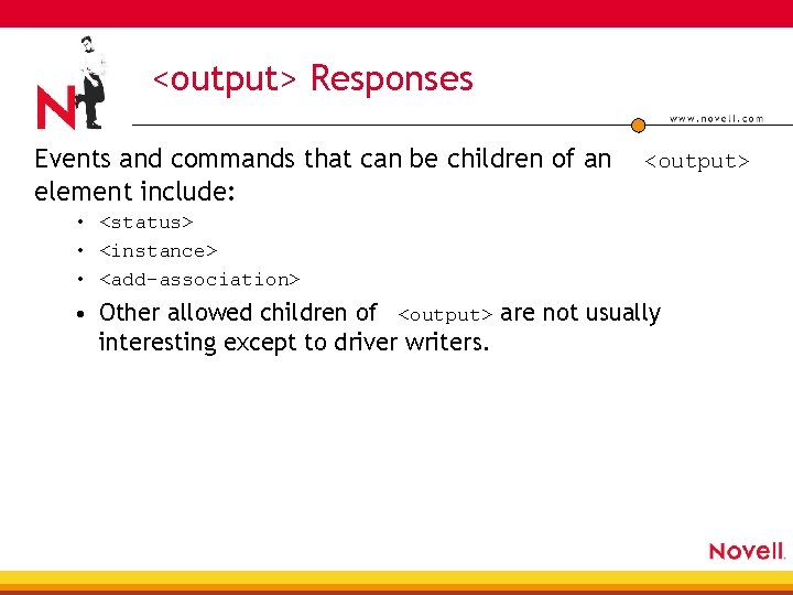 <output> Responses Events and commands that can be children of an element include: <output>